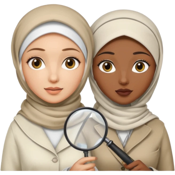 one wite hijabi one dark skin with her hair  out and hand lens and hat like true private inbestigators emoji