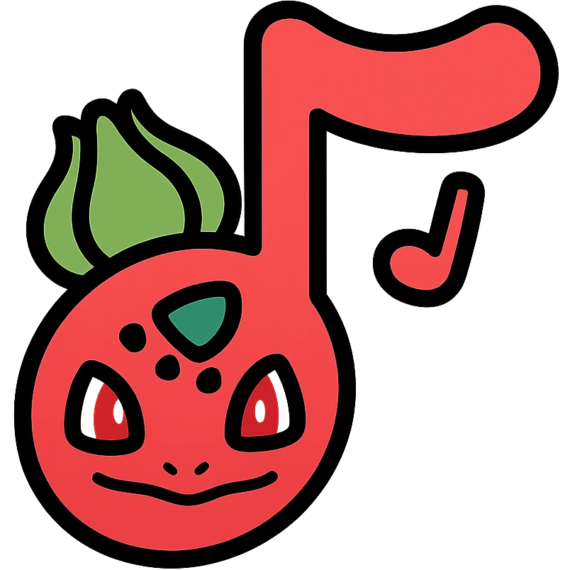 stylized red music note with Bulbasaur features, red gradient, rounded edges, app icon look emoji