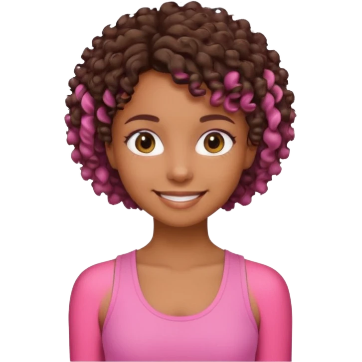 Uma menina com o cabelo cacheado curto é morena, e com uma regata rosa emoji