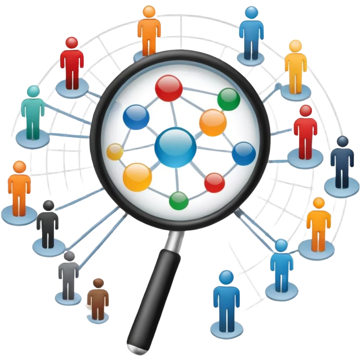 An icon featuring a group of diverse people, a social network diagram, and a magnifying glass, symbolizing sociology. The design includes charts and interconnected lines, representing the study of societies, relationships, and social behavior. Transparent background highlights social analysis. emoji