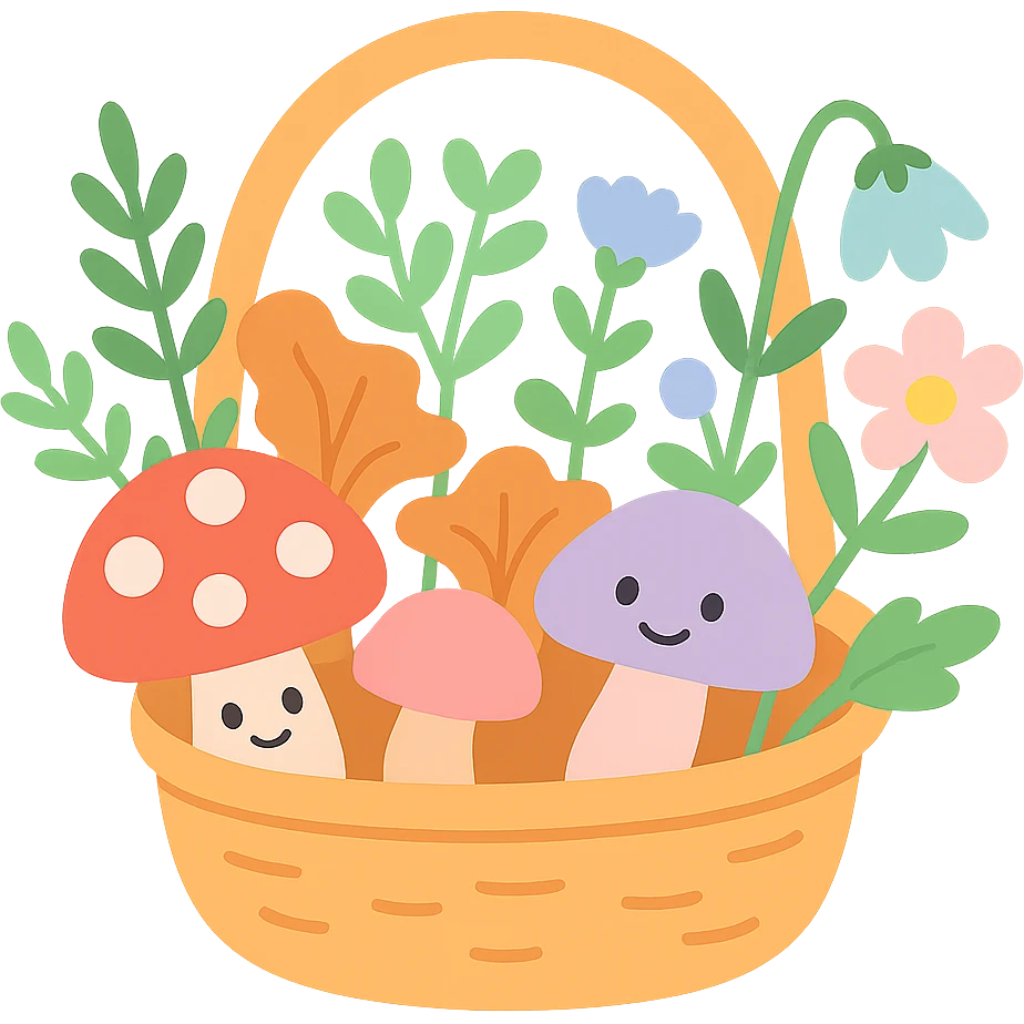 basket full of forest goodies including mushrooms, herbs, flowers in soft pastel colors, pastel-toon style emoji