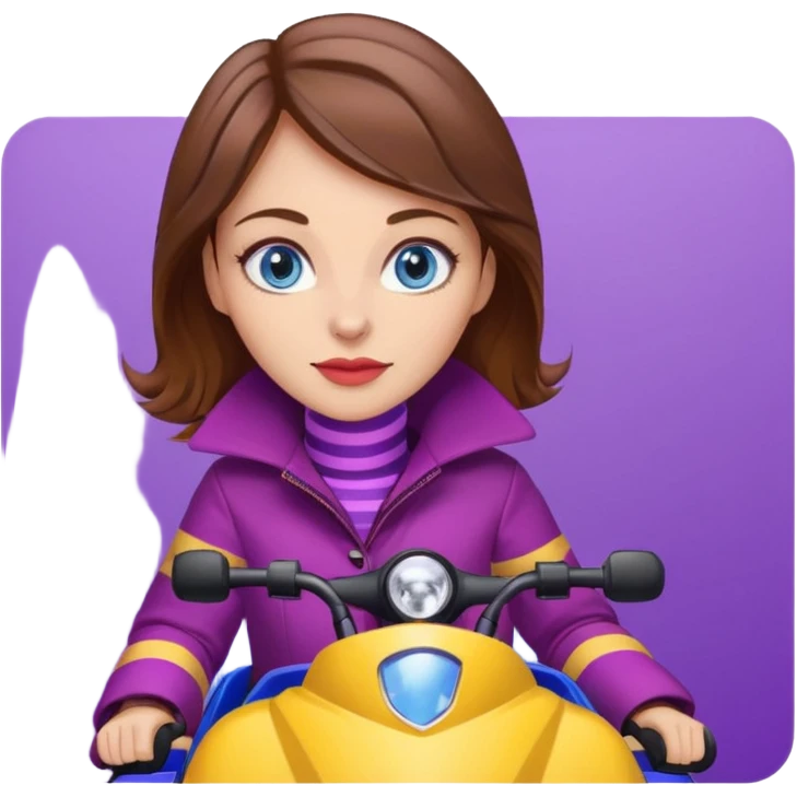 Brown hair, very blue eyes, Woman wearing a Very red coat  on purple and yellow striped snowmobile emoji