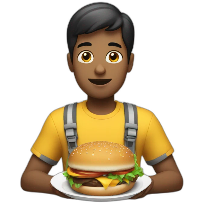 a white man with black short hair eating two burgers wearing sneakers emoji