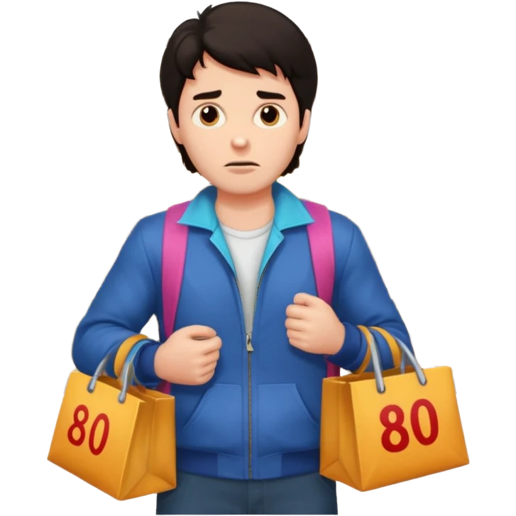 a man in 80s clothes, no mask, escaping a shop with loot, worried face, cartoon style, dark hair emoji