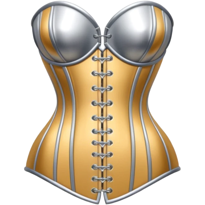 A luxury corset emoji made of silver chrome, smooth metallic curves, minimal fashion silhouette, glossy reflections, sensual high-end aesthetic, iOS emoji style, centered, clean white background emoji
