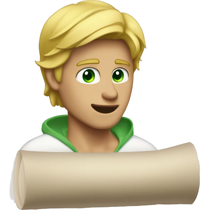 a light-skinned blonde green-eyed man sitting in front of the paper scroll emoji