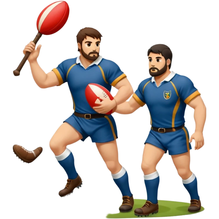 Batalla medieval protagonizada por jugadores y jugadoras de rugby con botas de rugby agarrando armamento y balones emoji