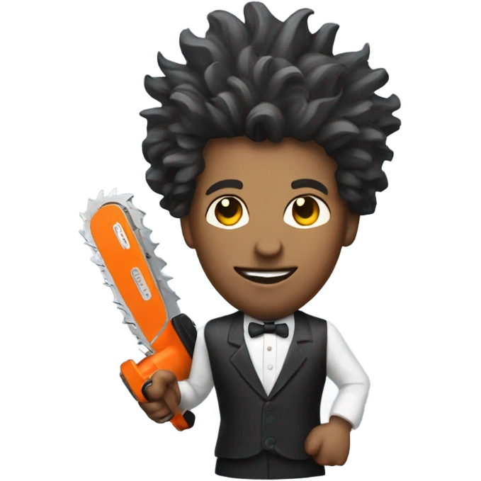 Dapper Man with crazy hair holding chainsaw emoji