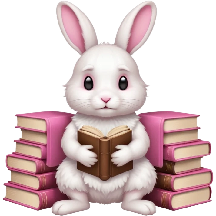 White rabbit sitting horizontally in a natural position on 4 legs, without a book.  There are 3 books nearby. books lie on top of each other  in brown tones

 emoji