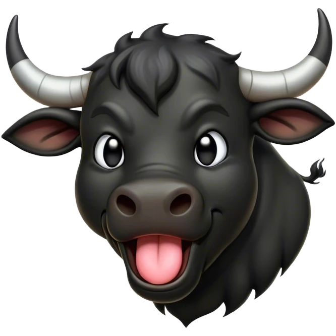 Cinematic Cute Yawning Black Bull Portrait Emoji, Head tilted slightly with a dramatic, wide-open yawn, showcasing a smooth, pure black hide with a subtle texture, floppy ears slightly drooping, round dark eyes barely open in drowsy contentment, Simplified yet irresistibly adorable features, highly detailed, glowing with a soft, cozy glow, high shine, relaxed yet expressive, stylized with a touch of rugged whimsy, bright and endearing, soft glowing outline, capturing the essence of a sleepy yet affectionate guardian, so drowsy it feels like it could charge right out of the screen and curl up for a nap! emoji