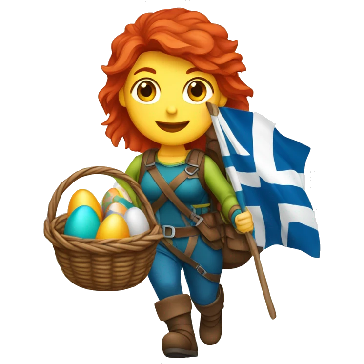 red hair female winter mountaineer climbing with Easter eggsbasket and Greek flag emoji