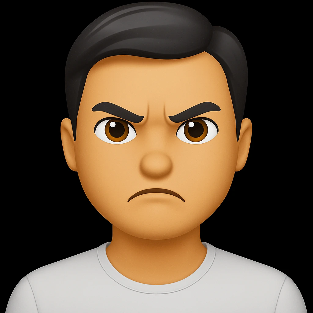 Edit the face of the character in the original emoji style to look angry, with furrowed brows and a frown. Maintain the style and colors consistent with the original emoji. emoji