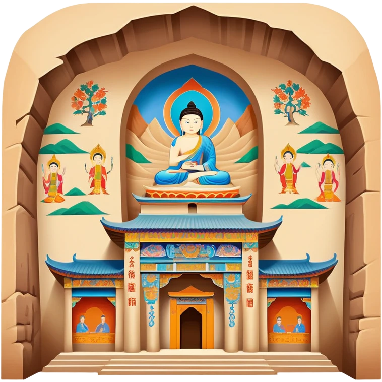 Mogao Caves Dunhuang with colorful Buddhist murals, simplified emoji style with bold outlines and bright colors, cartoon style cave entrance with paintings emoji