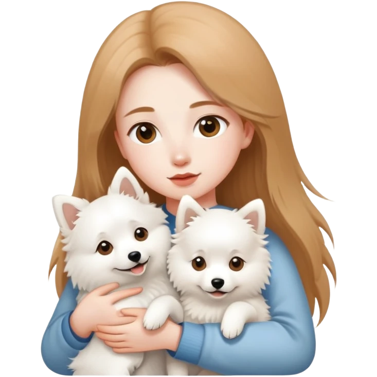 long light brown hair girl with pale skin holding a white Japanese spitz dog in her arms emoji