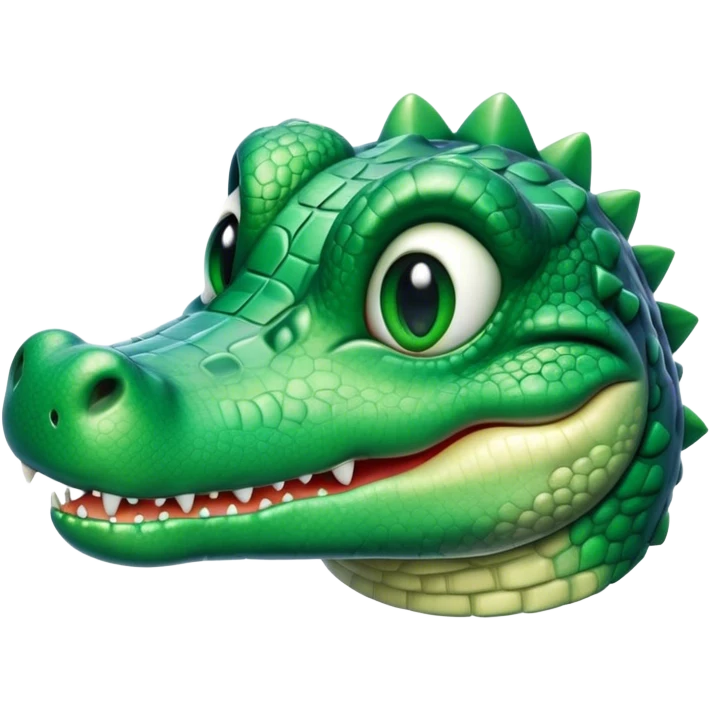 Cinematic Cute Crocodile Portrait Emoji, Head tilted playfully and inquisitively, featuring a smooth, glossy emerald-green hide with subtle textured scales and round, sparkling eyes filled with curious mischief, Simplified yet irresistibly adorable features, highly detailed, glowing with a warm, friendly glow, high shine, affectionate and surprisingly charming, stylized with a touch of wild whimsy, bright and endearing, soft glowing outline, capturing the essence of a mischievous yet lovable crocodile, so playful it feels like it could snap out of the screen into your arms! emoji