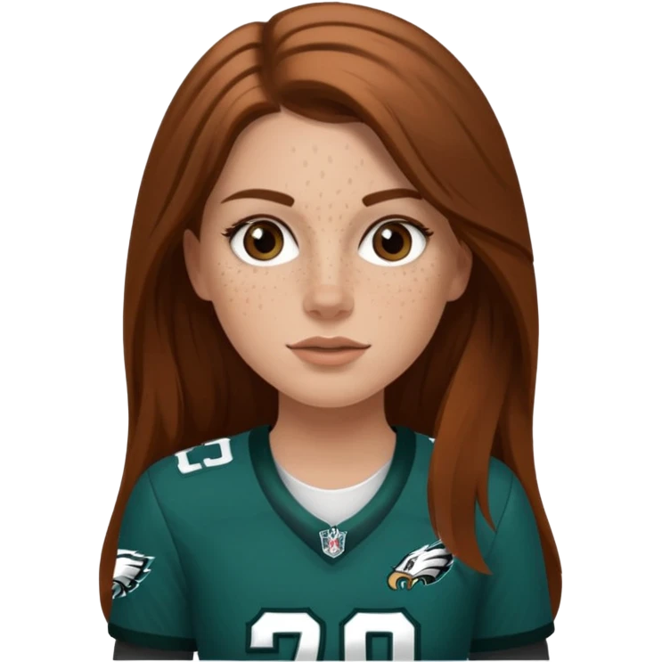 White girl with long medium brown hair and freckles wearring a Philadelphia eagles jersey emoji