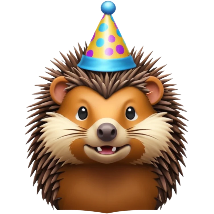 portrait bust-up of a porcupine wearing a party hat emoji