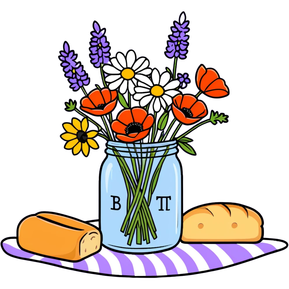 wildflower bouquet with daisies, poppies and lavender arranged in a mason jar on a picnic blanket with bread and fruit emoji
