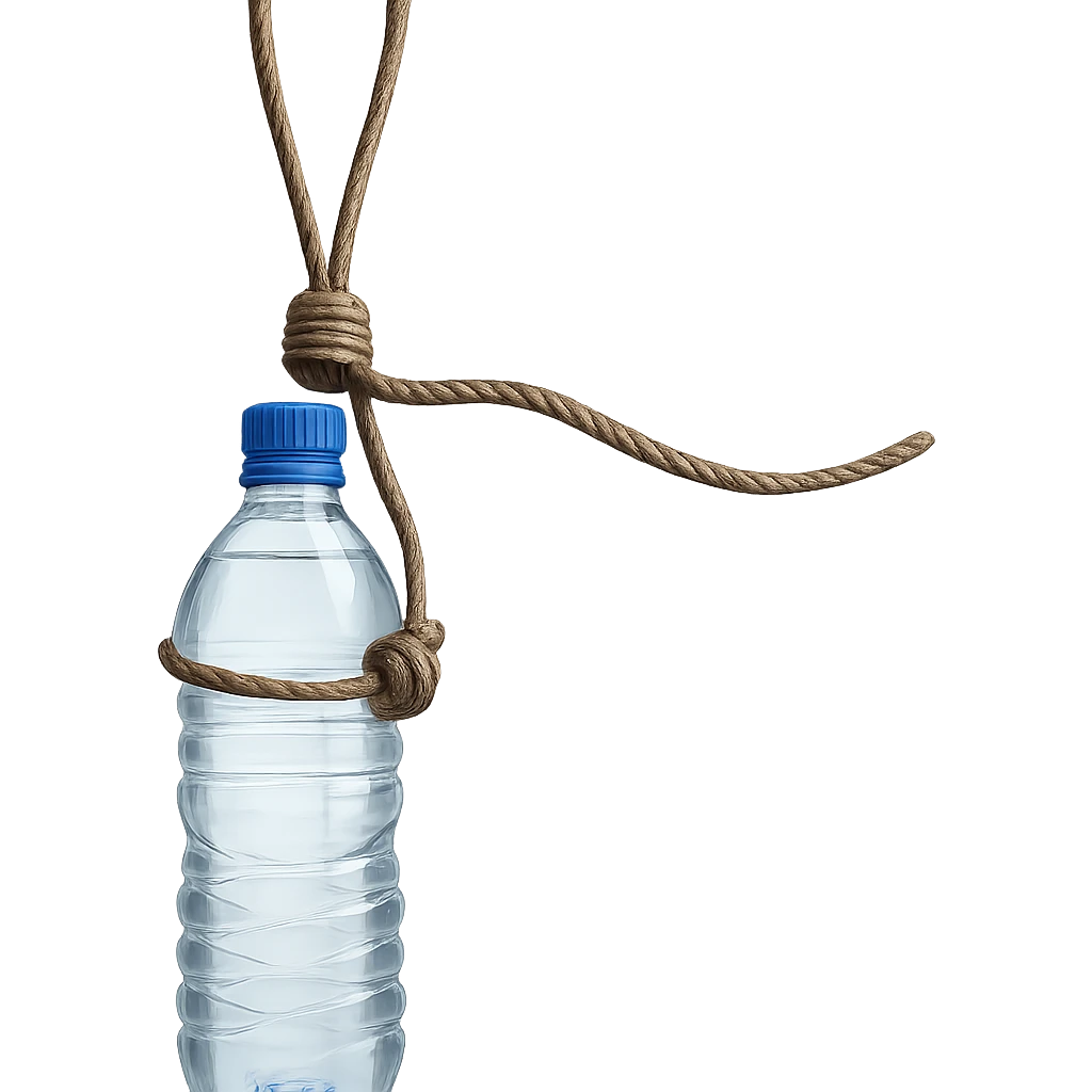 Show a longer rope with a loop, replacing the cheese with a transparent and detailed water bottle. The style should be realistic with natural details and no background. emoji