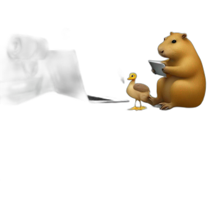 Capybara with a Macbook in the bathroom, around a duck emoji