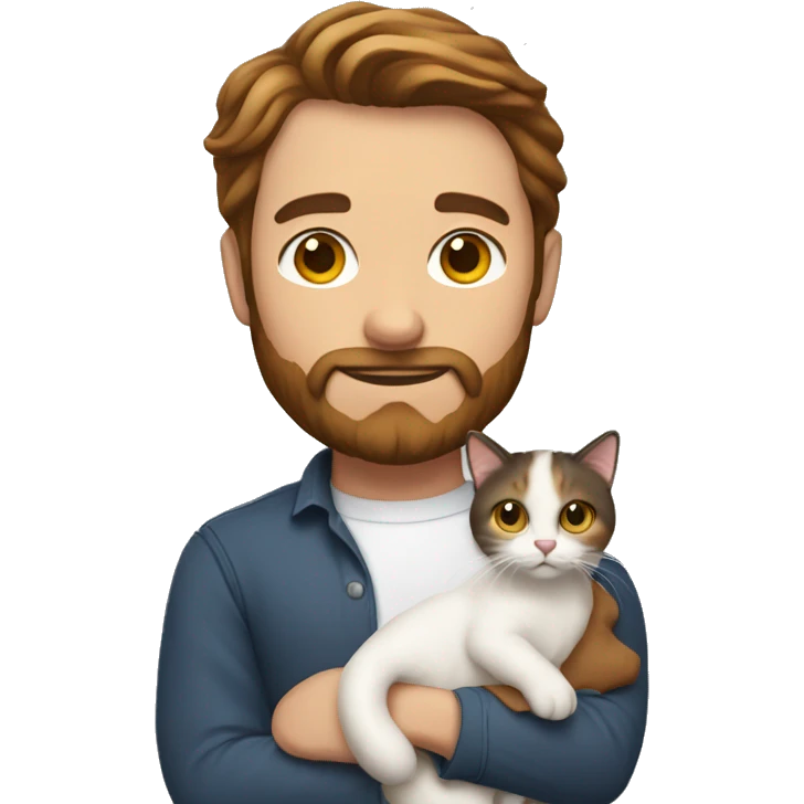 A whit man with brown hair and beard holding calico cat emoji