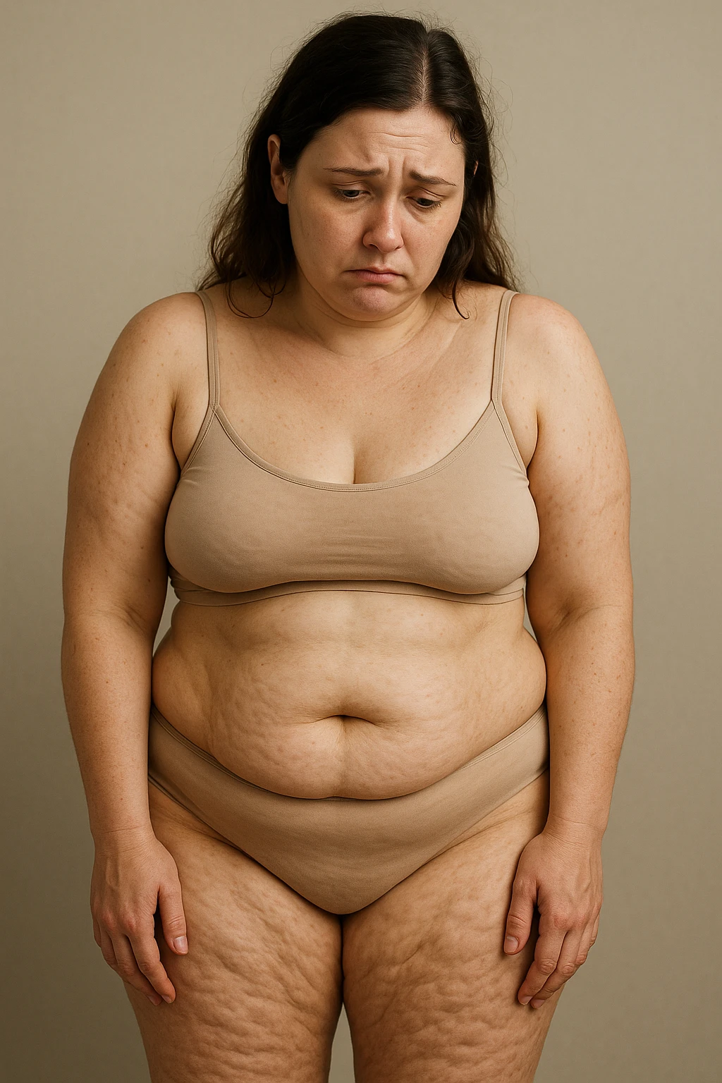 Donna con tanti inestetismi infelice sul corpo sempre riferite alla cellulite emoji