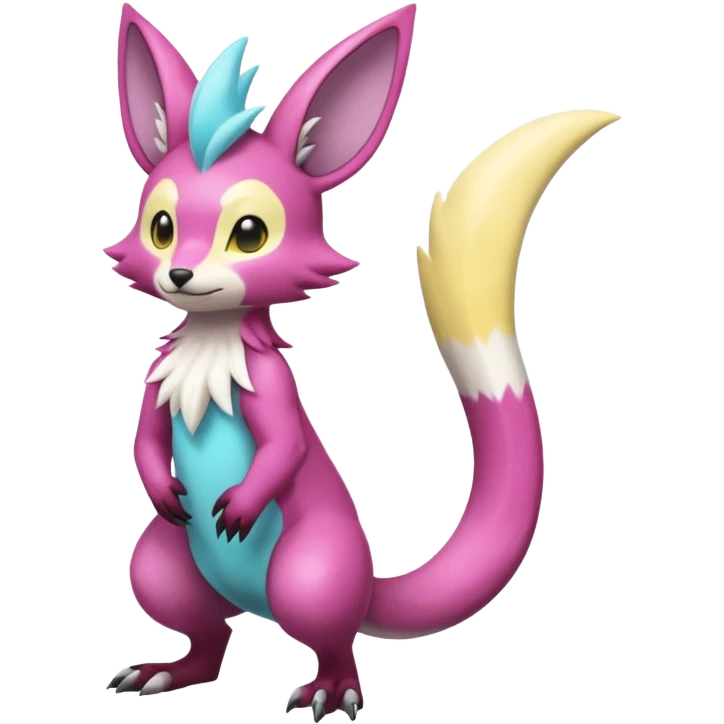 realistic Shiny smooth silky soft Cyan-Yellowish-Magenta Minccino-Zeraora-Emolga-Vernid-Sergal-fusion-hybrid-animal-creature, full body emoji