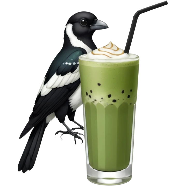  ONE Australien Magpie (just black and white feathers) sitting on an iced matcha latte on the edge of the glass. magpie has green matcha on its beak. matxha latte is in a see through glass and white from thr milk on the bottom and green without seeds on top… one straw & ice cubes emoji
