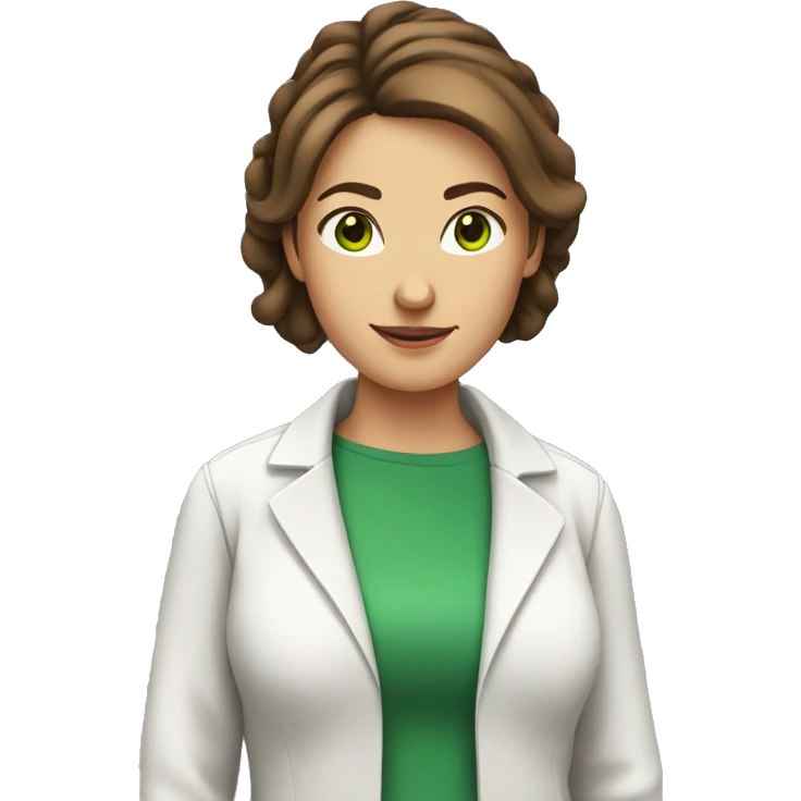 Female scientist with brown hair in a bun and green eyes without glasses emoji
