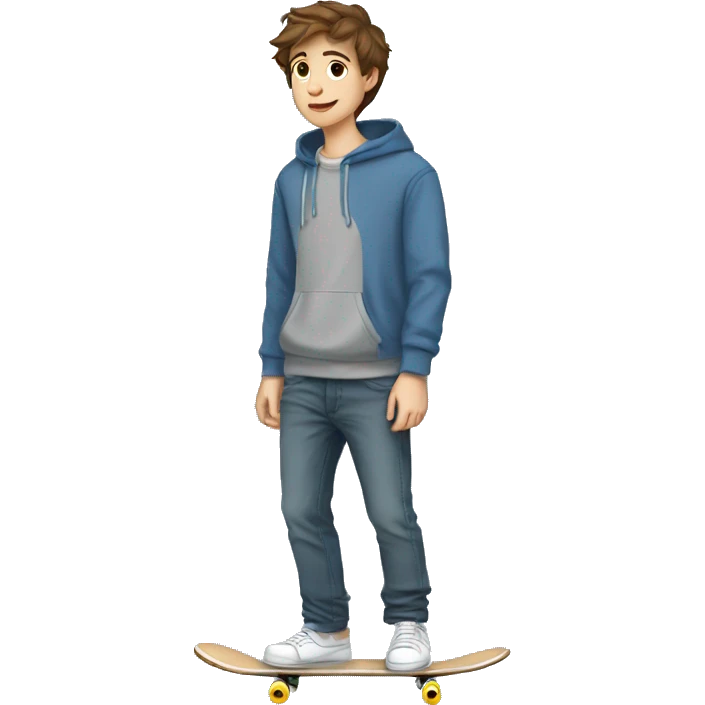 teenage boy with brown hair fair skin in a grey hoodie in blue jeans skateboarding emoji