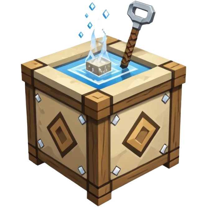 crafting table with tools, stone, wood, glass, sand, steam, water, diamonds... like a minecraft style cube crafting table  emoji