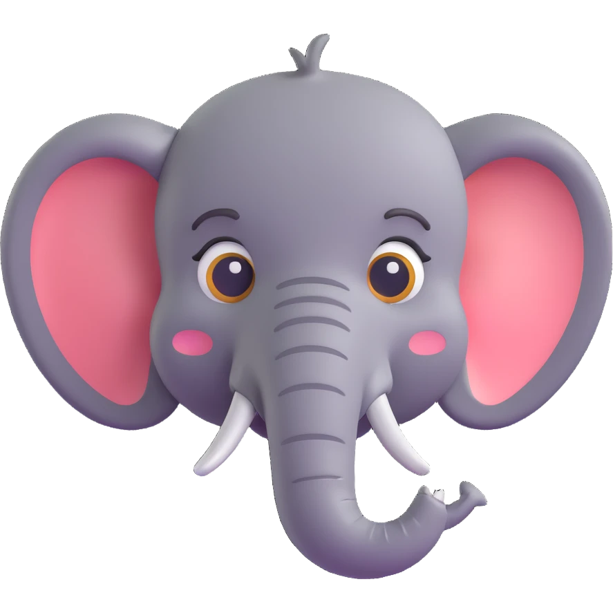 3D emoji style elephant face, smiling with trunk raised, playful and friendly emoji