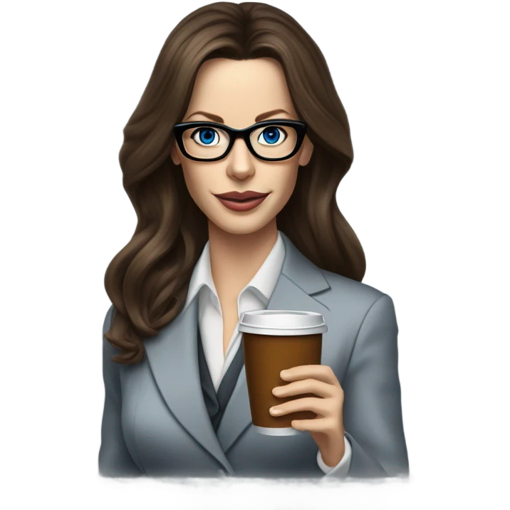 Realistic Kate Beckinsale blue eyes wearing glasses in a business dress drinking a cup of tea  emoji