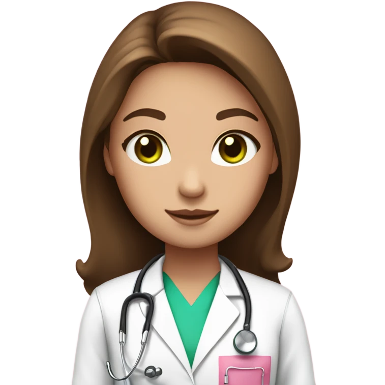 girl with long brown  hair green eyes in pink scrubs, white doctor coat, stethoscope  emoji