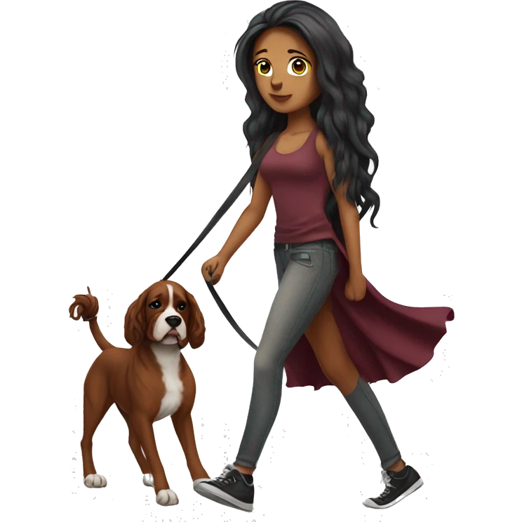 Beautiful tattooed  burgundy long haired woman walking a boxer dog emoji