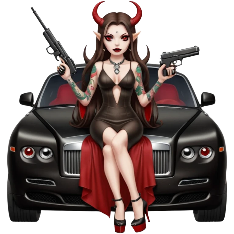 Lilith model red eye sexy black  devil horns.  long brown haired sexy succubus woman with leather long dress slit, sitting on rolls Royce. Wearing Black Platform high heels on feet. Tattoo sleeve arms, dead human skull of her ex skull is on top of stack of cash and a gun in  hand emoji
