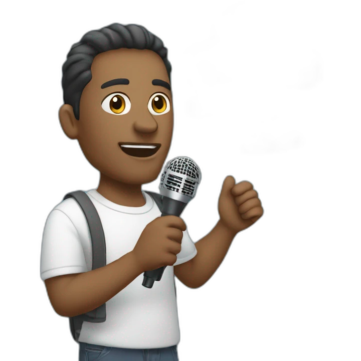 a man holds a microphone in his hand, above him is a cloud with text emoji