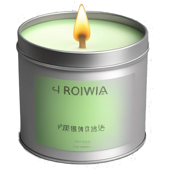 matcha scented candle in silver tin with minimalistic label hyperrealistic emoji