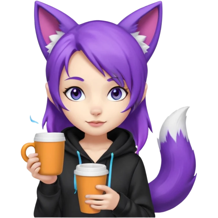 chibi fox girl with purple hair , purple fox ears, purple fox tail, black hoodie, blue eyes with head phones around her neck and white shorts, generate her looking smug holding a large coffee cup emoji