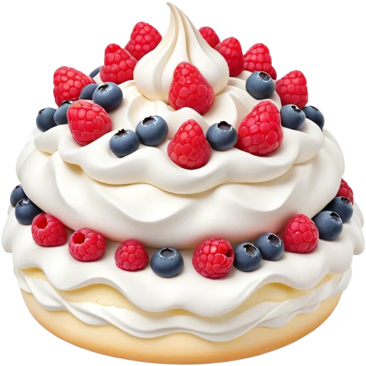 Cinematic Realistic Pavlova Dessert Emoji, showcasing a delicate meringue dessert topped with fresh fruit rendered with lifelike texture and soft natural lighting. emoji