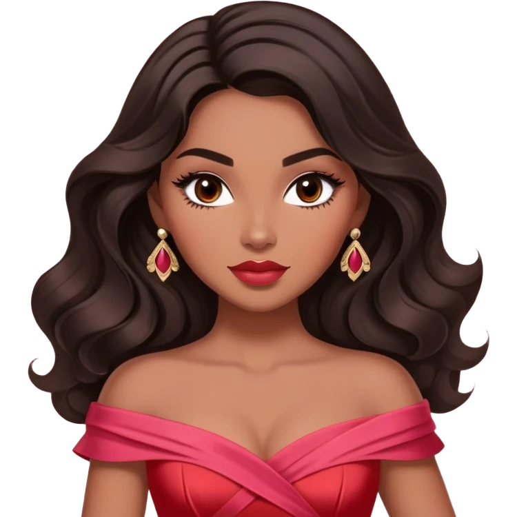 A woman with darker almond-toned skin, more voluminous dark hair in waves, expressive eyes with soft lashes and shimmer, full lips with a glossy nude-pink color, wearing a red dress and a white crossbody sash with “Miss San Juan” in black letters, exuding elegance and confidence emoji