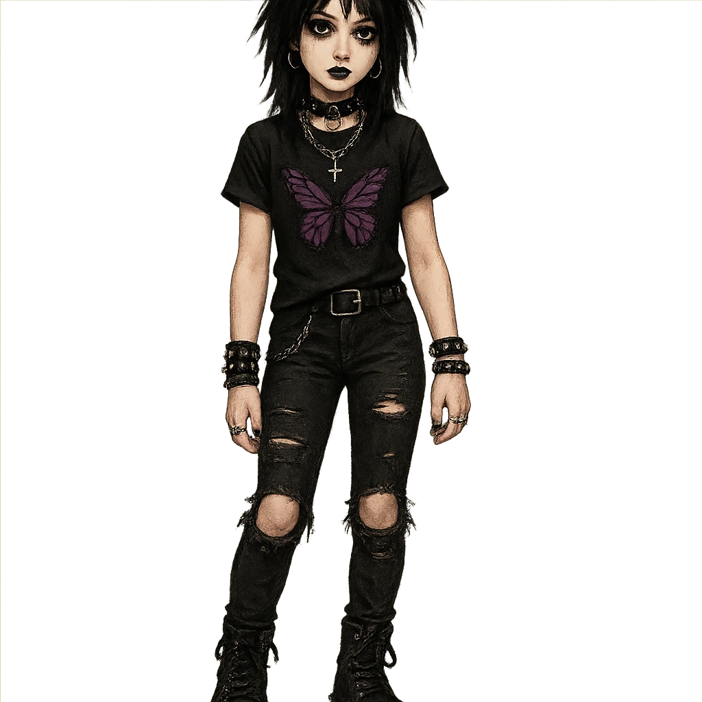 emo girl with ripped jeans, chunky boots, butterfly motif, gothic accessories emoji
