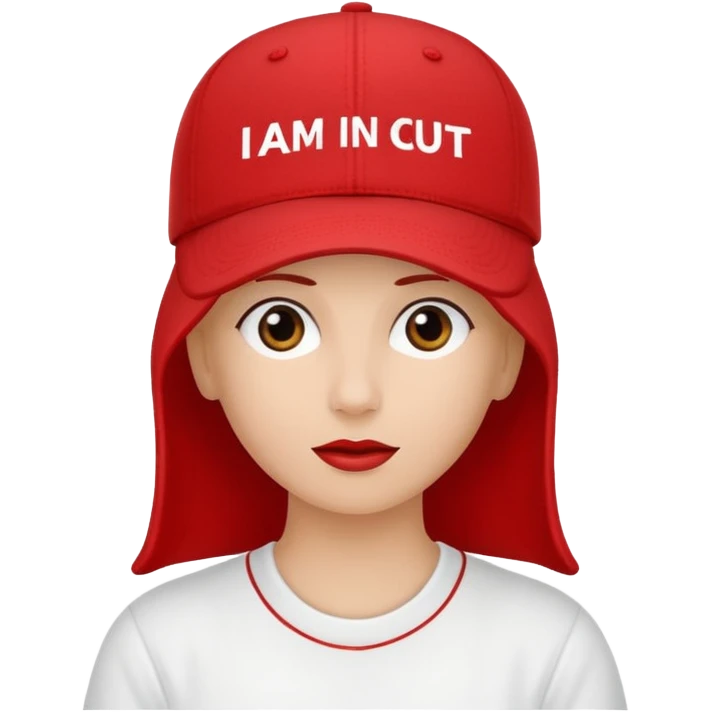 Red cap with no person in it that says "I AM IN A CULT" in white text emoji