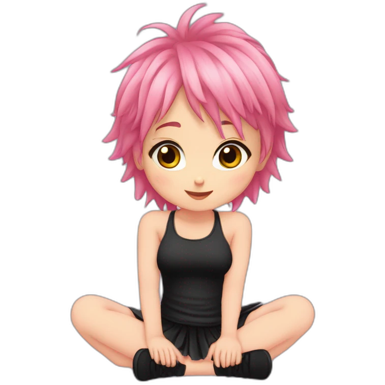 Full body Front view curvy emo girl pink hair sits on the floor straight view hands up black skirt полосатые рваные чулки emoji