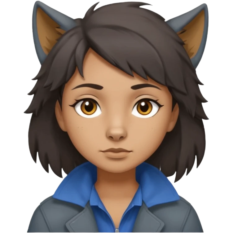 Hobo tomboy with dark brown hair in a wolf cut style, brown eyes, dirty dark grey coat, blue-grey shirt. emoji