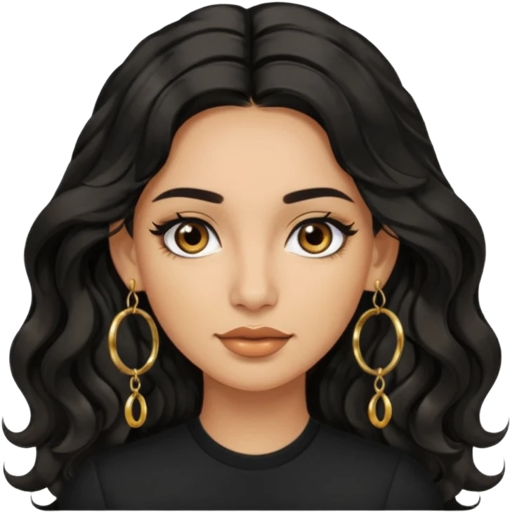 woman in a black shirt with olive skin, brown eyes and long lashes, and long black wavy hair and gold hoop earrings emoji