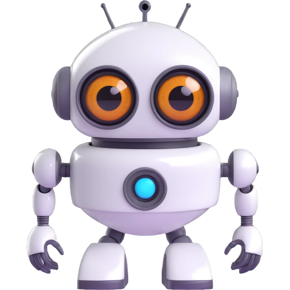 Friendly robot with big expressive eyes — round head, glossy finish, slightly clumsy but charming (think Wall-E meets Baymax). emoji