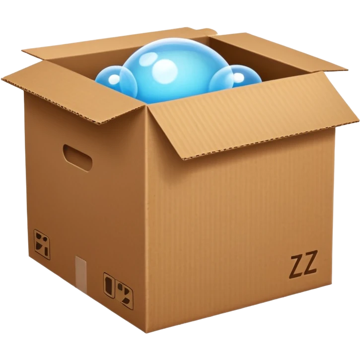 emoji of sleeping box, box is brown colored, open and empty, with a tiny Zzz bubble emoji
