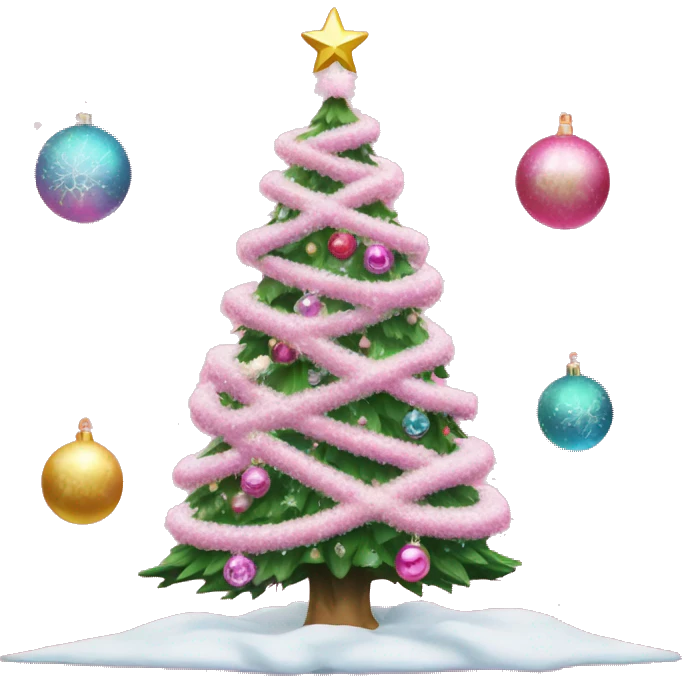 Christmas tree with snow on it and pink bows and disco ornaments and pink ornaments on the Christmas tree emoji