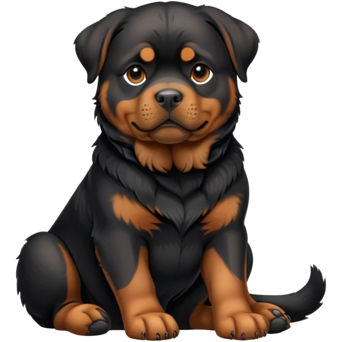 cinematic-[rottweiler]-realistic-full-body-sitting-emoji,-tail-resting-loosely-beside-its-paws,-head-tilted-dramatically, -sleek-[Black and brown]-fur,-simplified-yet-realistic-focused-features,-highly-detailed,-glowing-with-an-almost-sarcastic-glow emoji